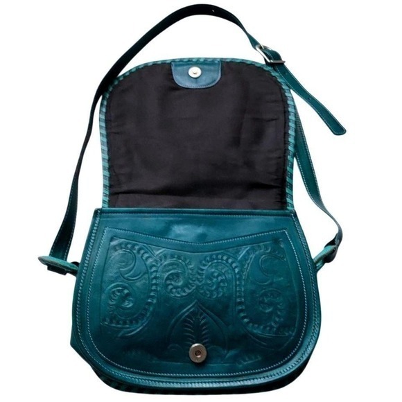 New‎ LL Leathers in Leather Crossbody Bag Teal Green Whipstitch Boho Saddle Bag main image 7